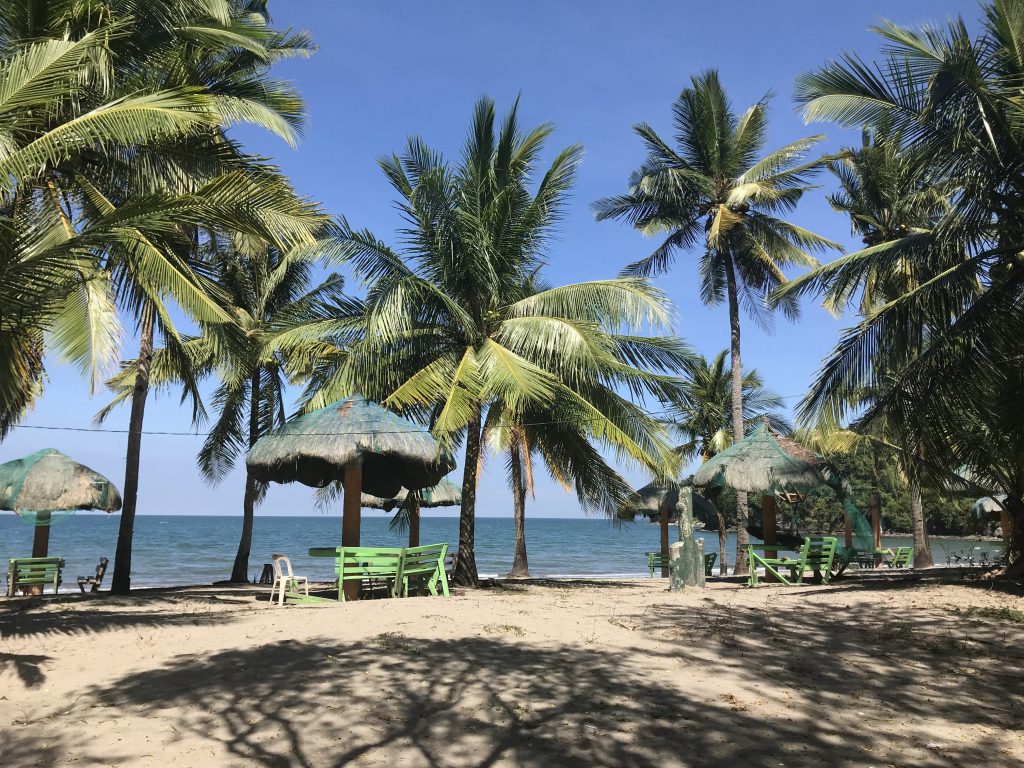 Palm trees, umbrella huts and green benches on the sand at Paniman Beach, Ternate, Cavite