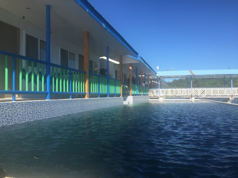 Resort building with a colourful balcony beside the water at Coron Underwater Garden Resort
