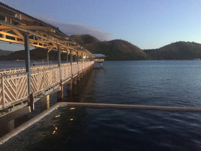 Covered wooden jetty at dusk with hills and sea beyond, Coron Underwater Garden Resort