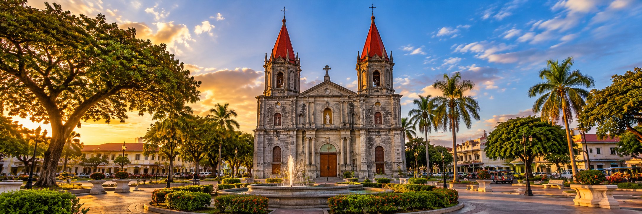 AI-generated illustration of Molo Church in Iloilo City, with its twin red spires, a plaza fountain and trees at sunset