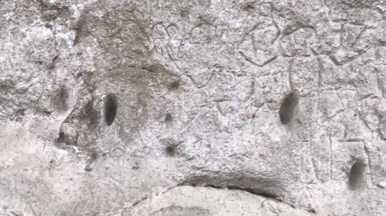 Ancient figures carved into the rock wall at the Angono-Binangonan Petroglyphs