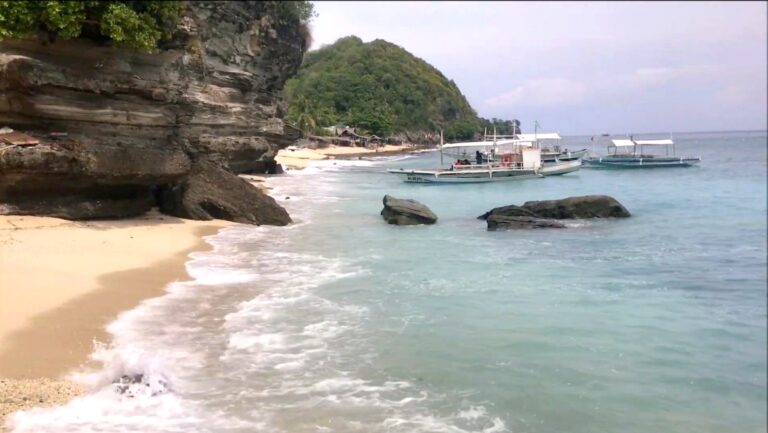 Clear shallow water and boats off the Apo Island shoreline