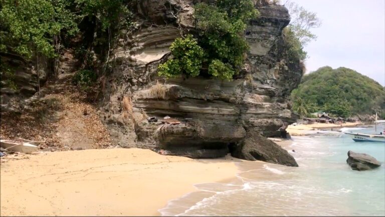 Layered rock cliff above the beach on Apo Island