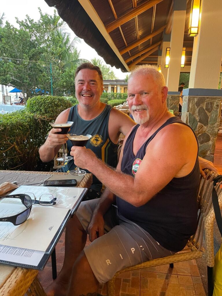 Dezza toasting with espresso martinis at the Bohol Beach Club restaurant, Panglao Island